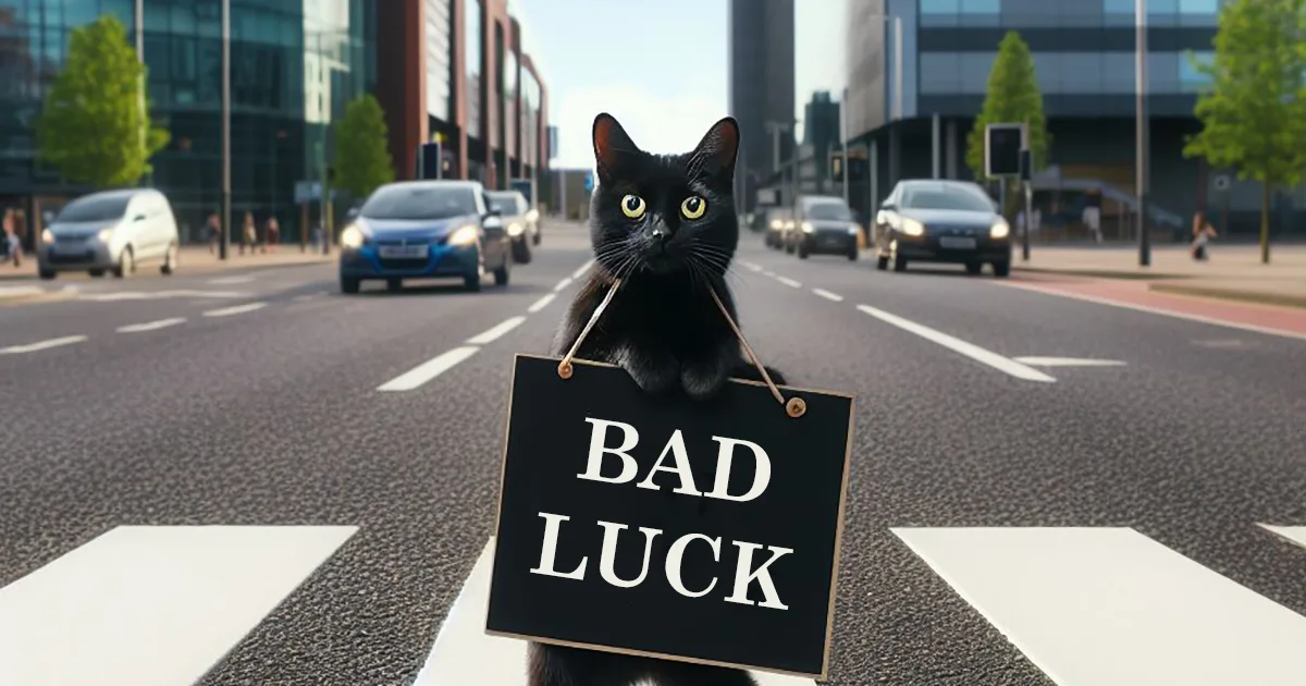 Black cat holding a large bad luck placard