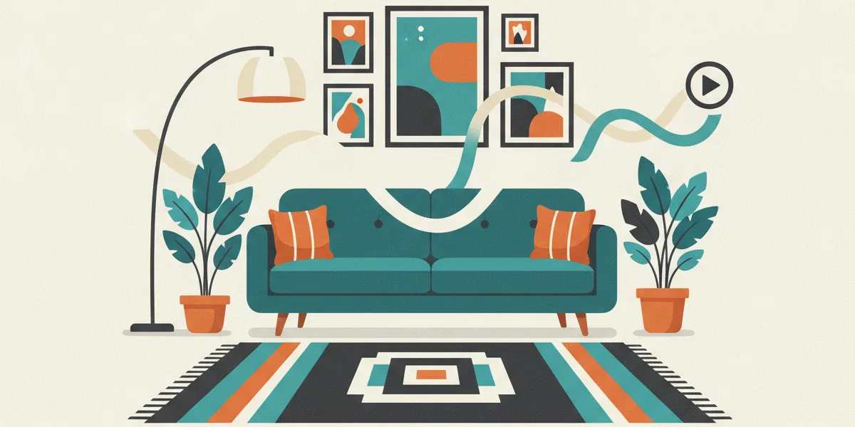 Illustrated living room with waveform and play icon hinting at sound clips